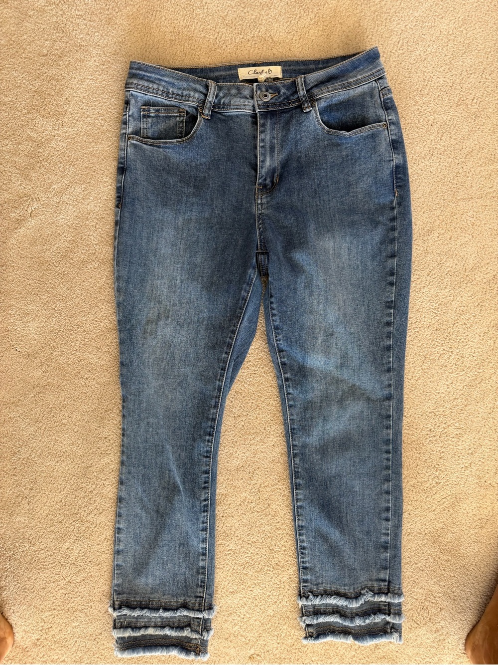 Charlie B Blue Denim Jeans with Fringed Hem